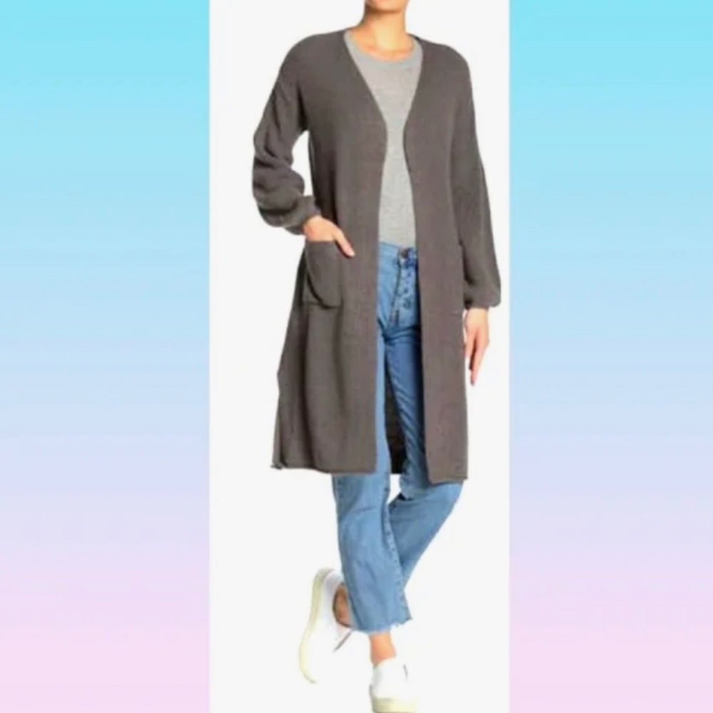 Long line open front cardigan with small balloon sleeves